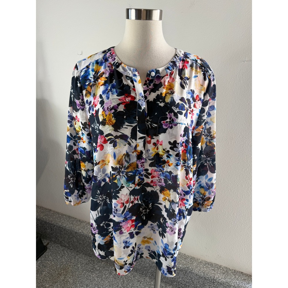 NYDJ Women Petite XL Floral Blouse Multicolor Button Front Top Pocket Shirt